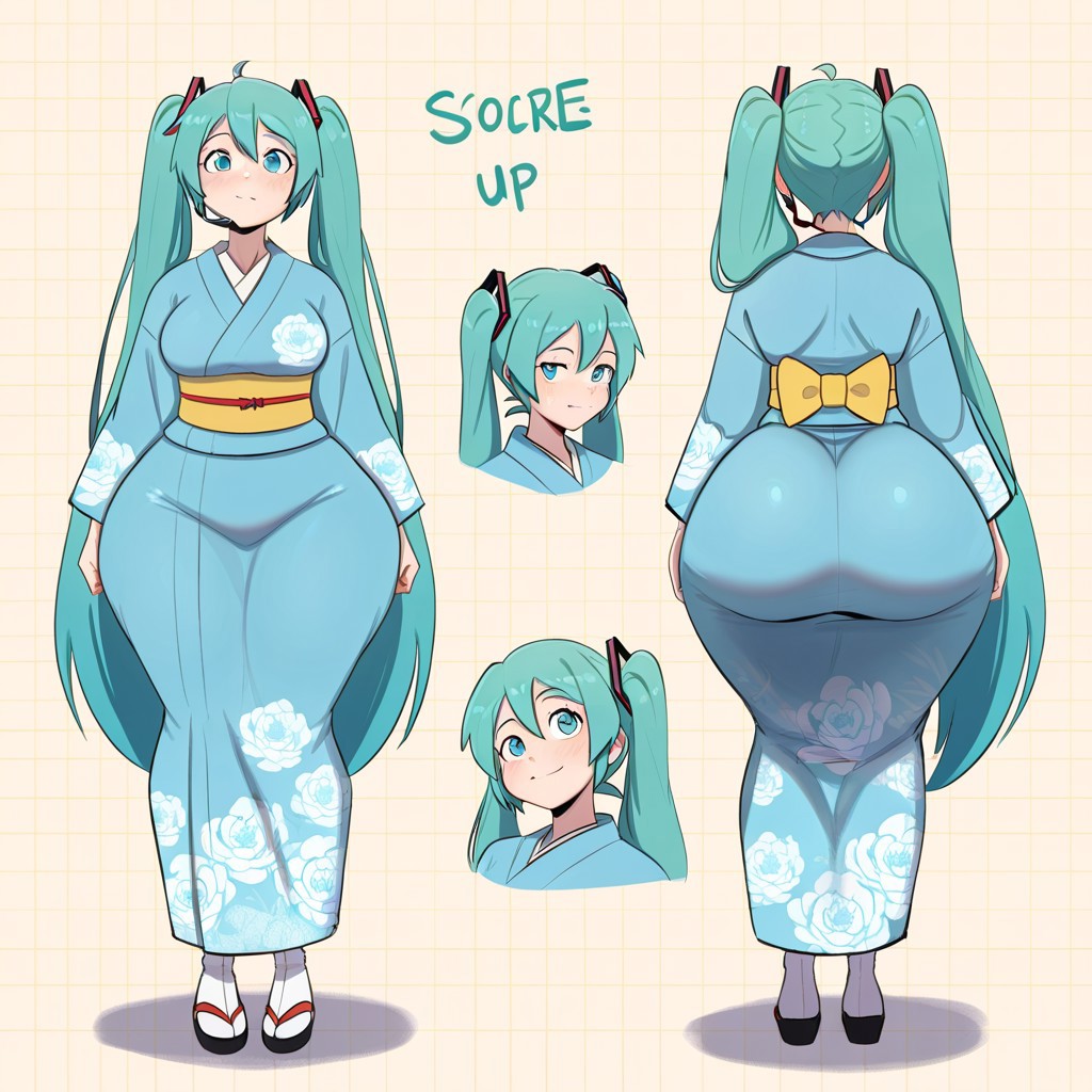 1girl ai_generated ass big_ass big_breasts breasts fundoshilover101 huge_ass kimono miku_hatsune vocaloid