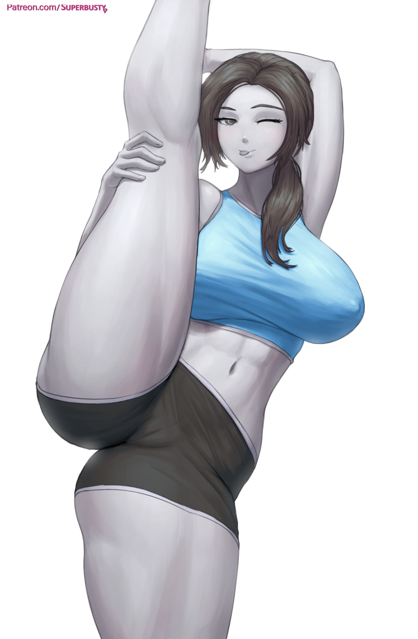 1girl abs alluring ass athletic athletic_female barefoot bedroom_eyes black_hair cameltoe clothed eye_contact feet_out_of_frame female_abs female_focus female_only fit_female grabbing_own_leg grey_body high_res kick kicking leg_grab leg_up long_hair looking_at_viewer nintendo ponytail shorts six_pack smile solo_female sports_bra standing_on_one_leg superbusty thick_thighs toned toned_female tongue tongue_out wii_fit wii_fit_trainer wink winking_at_viewer