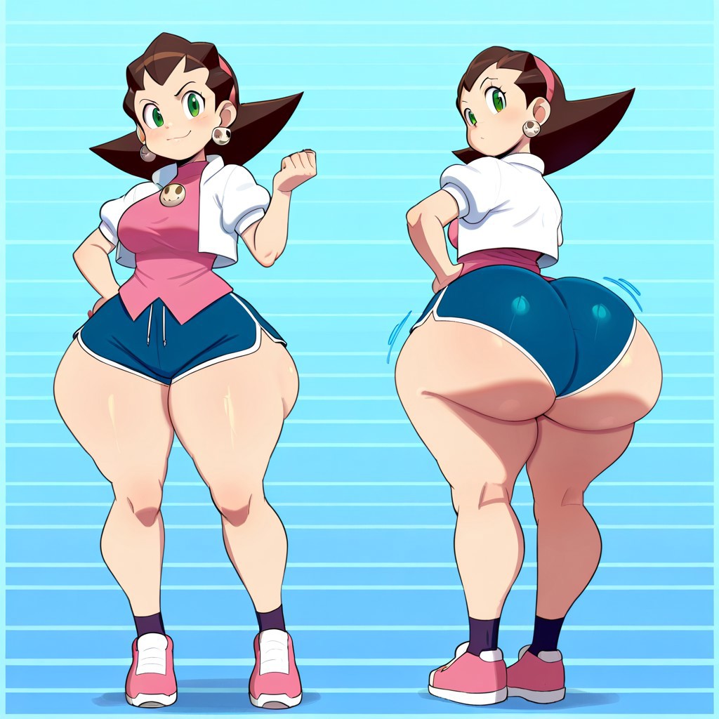 1girl ai_generated ass big_ass big_breasts booty_shorts breasts capcom dolphin_shorts fundoshilover101 huge_ass mega_man tron_bonne