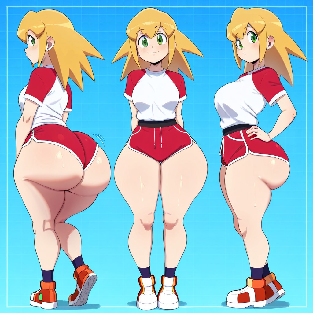 1girl ai_generated ass big_ass big_breasts booty_shorts breasts capcom dolphin_shorts fundoshilover101 huge_ass mega_man roll_caskett