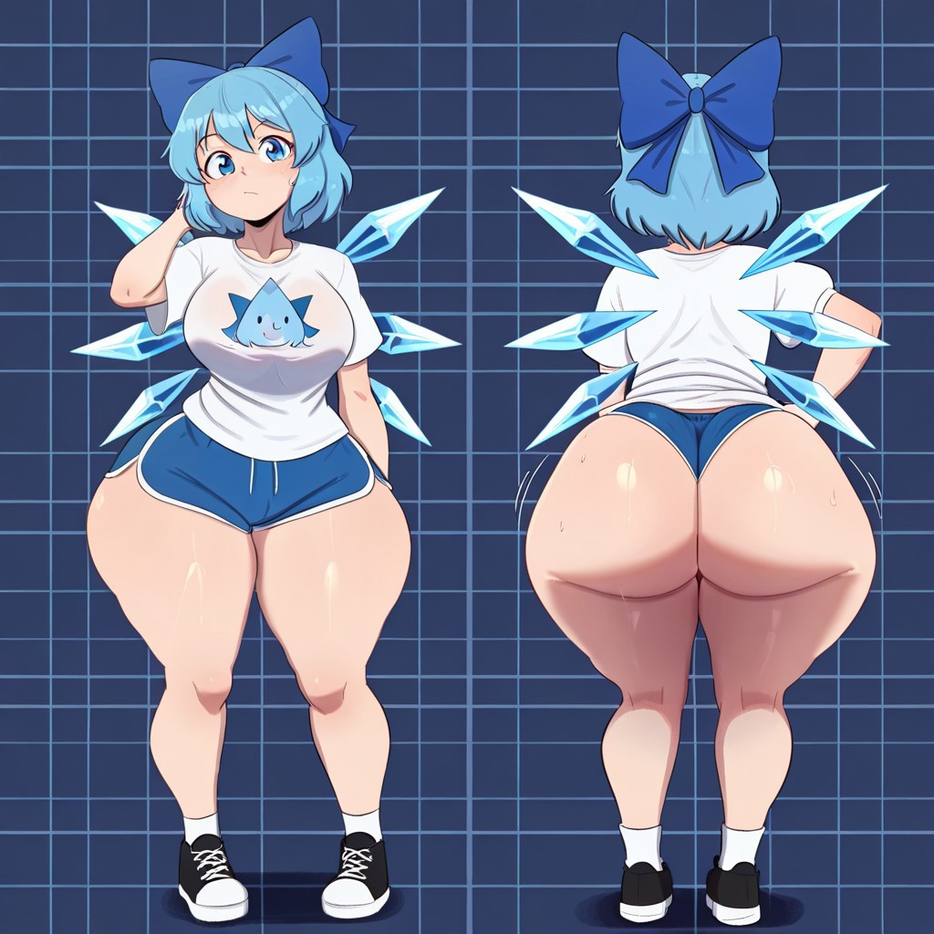 1girl ai_generated ass big_ass big_breasts booty_shorts breasts cirno dolphin_shorts fundoshilover101 huge_ass touhou