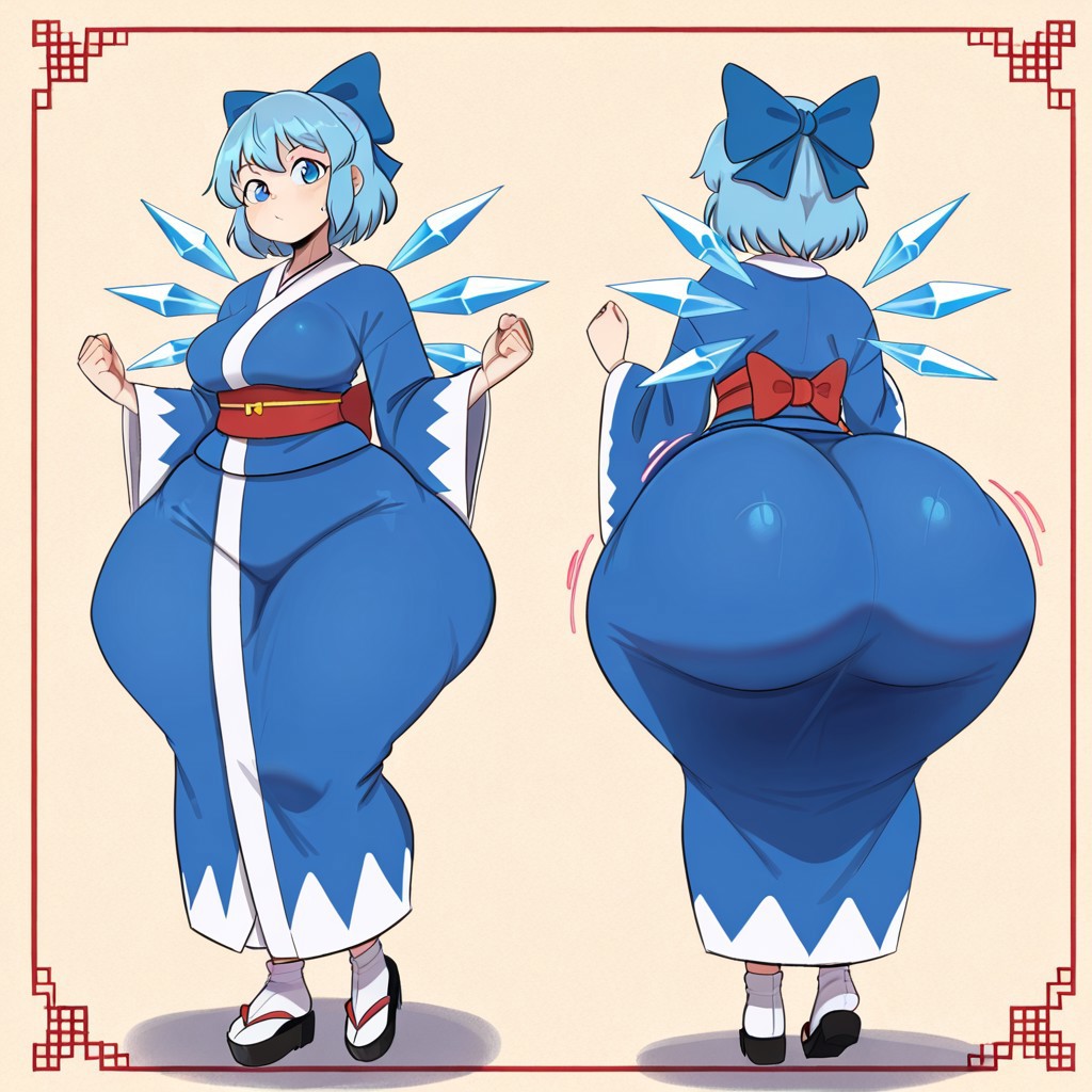 1girl ai_generated ass big_ass big_breasts breasts cirno fundoshilover101 huge_ass kimono touhou