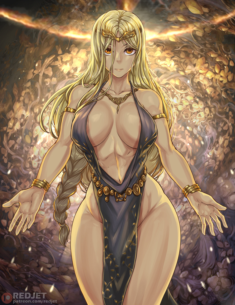 1girl alluring armbands athletic_female big_breasts blonde_hair circlet dress elden_ring female_abs female_only fit_female fromsoftware goddess gold_(metal) milf qilf queen_marika_the_eternal redjet solo_female thick_thighs wide_hips