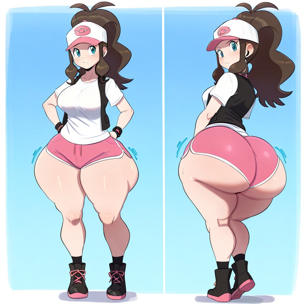 1girl ai_generated ass big_ass big_breasts booty_shorts breasts dolphin_shorts fundoshilover101 game_freak hilda_(pokemon) huge_ass nintendo pokemon