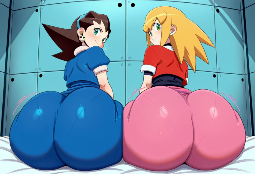 2_girls ai_generated ass big_ass big_breasts breasts capcom fundoshilover101 huge_ass mega_man roll_caskett tron_bonne