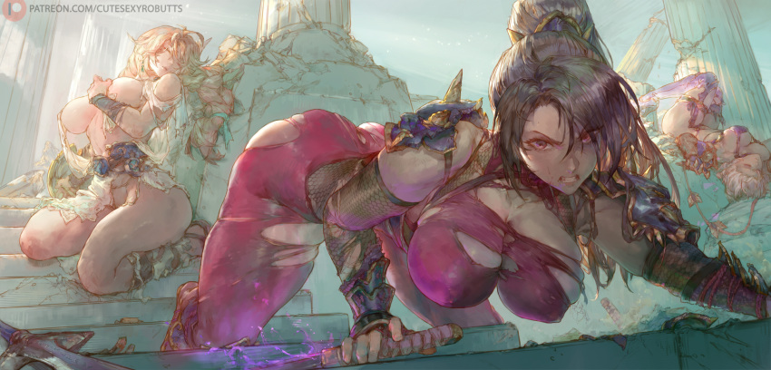 1girl 3_girls alluring ass aura bare_shoulders big_breasts blonde_hair braid braided_hair cleavage column cutesexyrobutts defeated fishnets functionally_nude gauntlets hand_covering_breasts hand_on_breast high_res high_resolution isabella_valentine landscape large_ass long_hair looking_at_viewer milf nipple_bulge nipples_visible_through_clothing oni ponytail project_soul ripped_clothing ruins short_hair shoulder_armor shoulder_pads silf sophitia_alexandra soul_calibur soul_calibur_ii soul_calibur_iii soul_calibur_vi sword taki tattered_clothing thick_thighs thighs whip white_hair