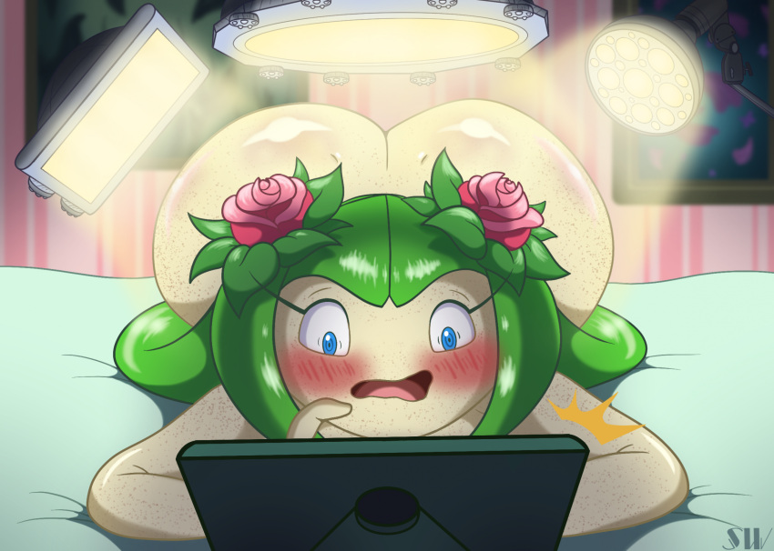1girl 4kids_entertainment adult aged_up ass bed big_ass blush camera cosmo_the_seedrian cosmo_the_seedrian_(adult) embarrassed female freckles indoor nude nudity seedrian sega shadowwalk shock solo sonic_(series) sonic_the_hedgehog_(series) sonic_x sunbathing tablet tms_entertainment