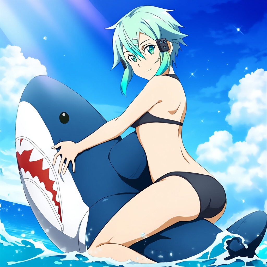 1girl alluring aqua_eyes aqua_hair ass big_breasts cleavage goldhopper inflatable_shark ocean pin_up sea sinon sword_art_online