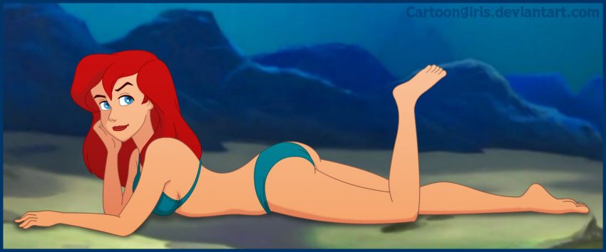 1girl alternate_costume alternate_form alternate_species aqua_bikini aqua_swimsuit arm_rest ass bare_arms bare_legs bare_shoulders barefoot bikini blue_eyes breasts cartoongirls_(artist) closed_mouth disney disney_princess feet female_only female_solo full_body hair_between_eyes hand_up head_rest leg_lift legs lips lipstick long_hair looking_at_viewer lying lying_on_stomach makeup medium_breasts midriff naughty_face neck on_side on_stomach outside pose posing princess princess_ariel red_hair red_lipstick rock sideboob small_breasts smile straight_hair swimsuit the_little_mermaid the_little_mermaid_(1989_film) thighs underwater water