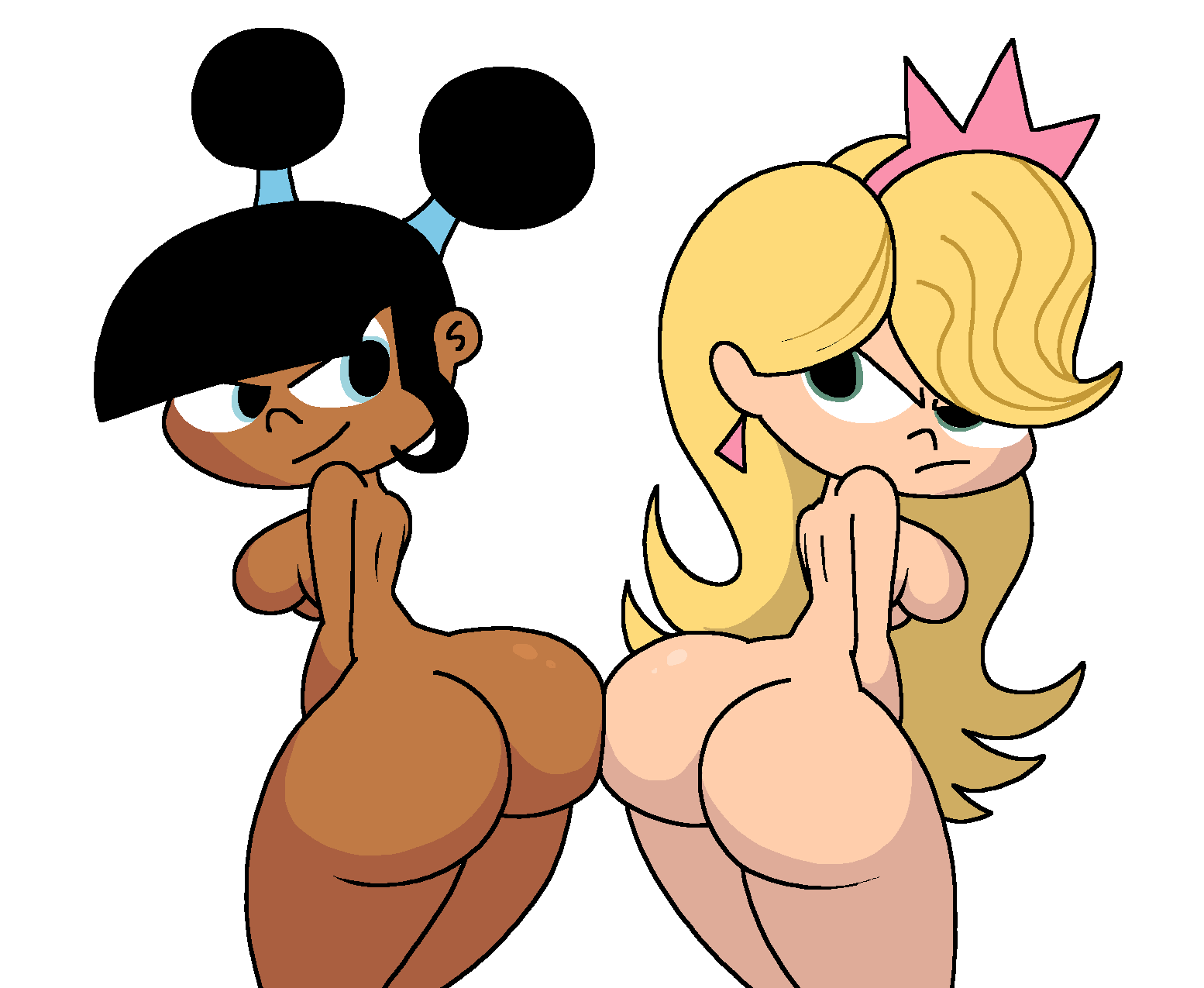 2_girls aged_up ass black_hair blonde_hair breasts long_hair looking_back nude nude nude_female robotboy twin_tails wide_hips