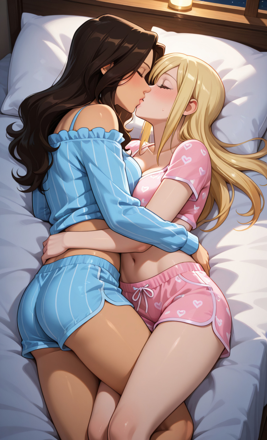 2_girls ai_generated alternate_costume ass bangs bare_legs bare_shoulders bed big_ass big_breasts blonde_female blonde_hair blue_pajamas blush breast_press breasts brown_hair cana_alberona cleavage closed_eyes collarbone couple duo fairy_tail female_only frilled_pajamas frills from_above heart heart_print hugging indoors kissing legs long_hair long_sleeves love lucy_heartfilia lying lying_on_bed lying_on_side medium_breasts midriff multiple_girls mutual_yuri navel neck on_bed on_side pajamas pajamas_shorts parted_bangs pillow pink_pajamas romantic romantic_couple short_shorts short_sleeves shorts sidelocks straight_hair striped_clothes striped_pajamas sweatdrop symmetrical_docking thick_thighs thighs window yuri