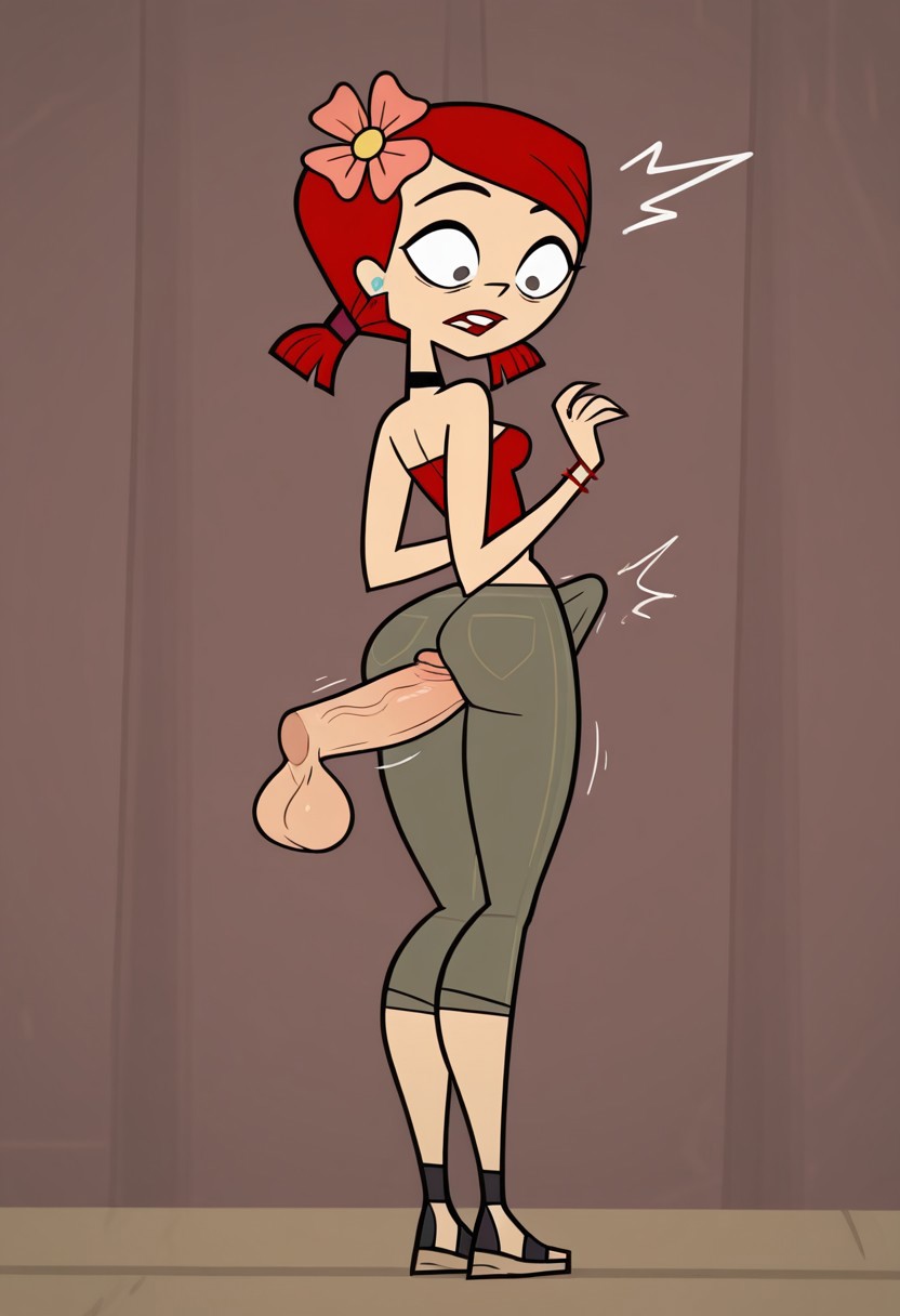 ai_generated ass buttjob buttjob_over_clothes clothed erection erection_in_pants erection_while_penetrated from_behind futanari intersex looking_down offscreen_male penis standing surprised surprised_look total_drama:_revenge_of_the_island total_drama_island zoey_(tdi)