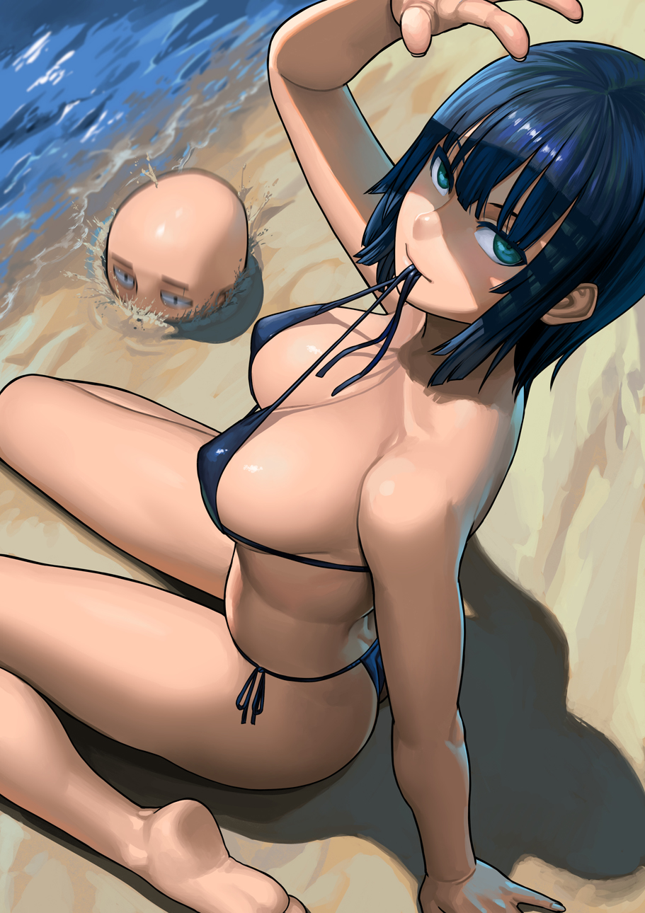 1boy 1girl aqua_eyes arm_support arm_up ass bald bare_arms bare_legs bare_shoulders barefoot beach big_breasts bikini black_bikini black_hair black_swimsuit bob_cut breasts buried buried_in_sand cleavage closed_mouth day femdom from_above fubuki_(one-punch_man) half-closed_eyes lasterk legs looking_at_viewer looking_up malesub midriff mouth_hold naughty_face ocean one-punch_man outside saitama_(one-punch_man) sand shade shadow short_hair side-tie_bikini sideboob sitting smile swimswuit thighs untying wariza water
