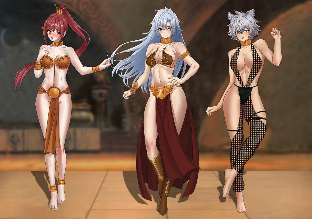 1girl 3_girls a_(xenoblade) alluring amber_eyes amenoosa belly_dancer belly_dancer_outfit big_breasts blue_eyes blush cat_ears catgirl cleavage dancer dancer_outfit glimmer_(xenoblade) harem harem_girl harem_outfit loincloth long_hair na'el_(xenoblade) red_hair short_hair silver_hair voluptuous xenoblade_(series) xenoblade_chronicles_3 xenoblade_chronicles_3:_future_redeemed