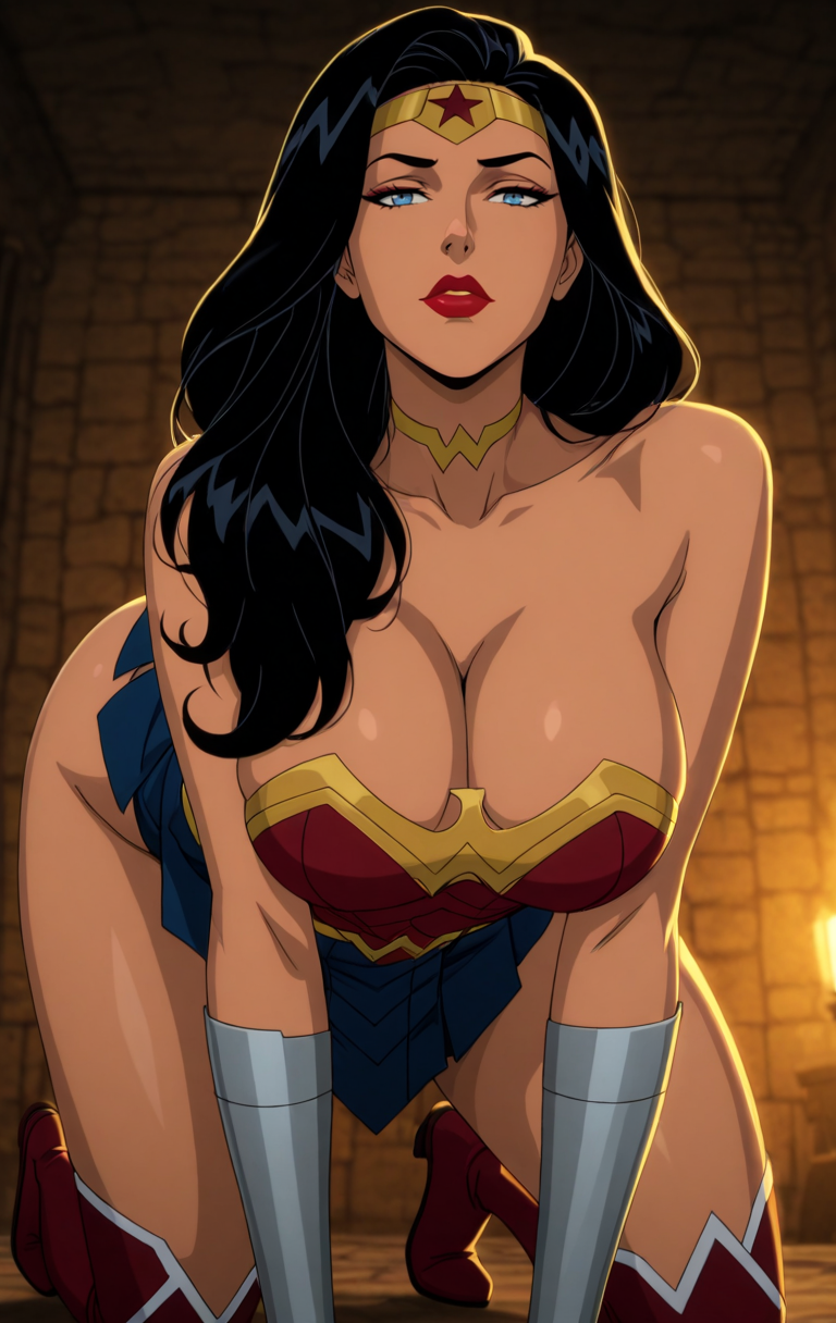 1girl adapted_costume all_fours amazon bangs bare_arms bare_legs bare_shoulders big_breasts black_hair blue_eyes blue_skirt boots bracer breasts cleavage collarbone dc_comics dcau diana_prince dungeon eepol eepol_(artist) expressionless female_only female_solo footwear half-closed_eyes hanging_breasts heroine indoors jewelry justice_league justice_league_dark:_apokolips_war justice_league_unlimited knee_boots legs lips lipstick long_hair looking_at_viewer makeup miniskirt neck neck_ring necklace parted_bangs parted_lips prison_cell red_boots red_footwear red_knee_boots red_lipstick red_tubetop ruins serious shadow skirt star_(symbol) star_print straight_hair strapless superheroine themysciran thick_thighs thighs tiara tubetop wonder_woman wonder_woman:_bloodlines wonder_woman_(series)