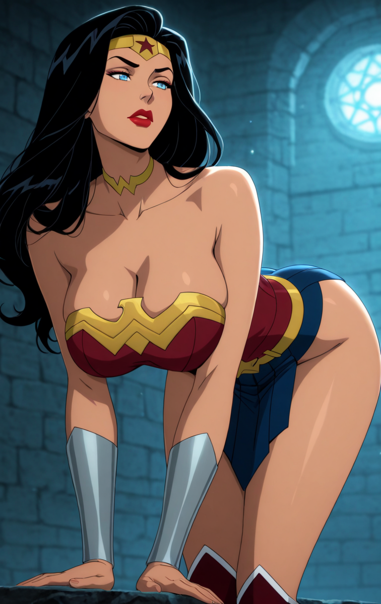 1girl adapted_costume amazon arm_support bangs bare_arms bare_legs bare_shoulders bent_over big_breasts black_hair blue_eyes blue_skirt boots bracer breasts cleavage collarbone dc_comics dcau diana_prince dungeon eepol eepol_(artist) expressionless female_only female_solo footwear from_below half-closed_eyes hanging_breasts heroine indoors jewelry justice_league justice_league_dark:_apokolips_war justice_league_unlimited knee_boots leaning leaning_forward legs lips lipstick long_hair looking_to_the_side makeup miniskirt neck neck_ring necklace parted_bangs parted_lips prison_cell red_boots red_footwear red_knee_boots red_lipstick red_tubetop ruins serious skirt star_(symbol) star_print straight_hair strapless superheroine themysciran thighs tiara tubetop window wonder_woman wonder_woman:_bloodlines wonder_woman_(series)