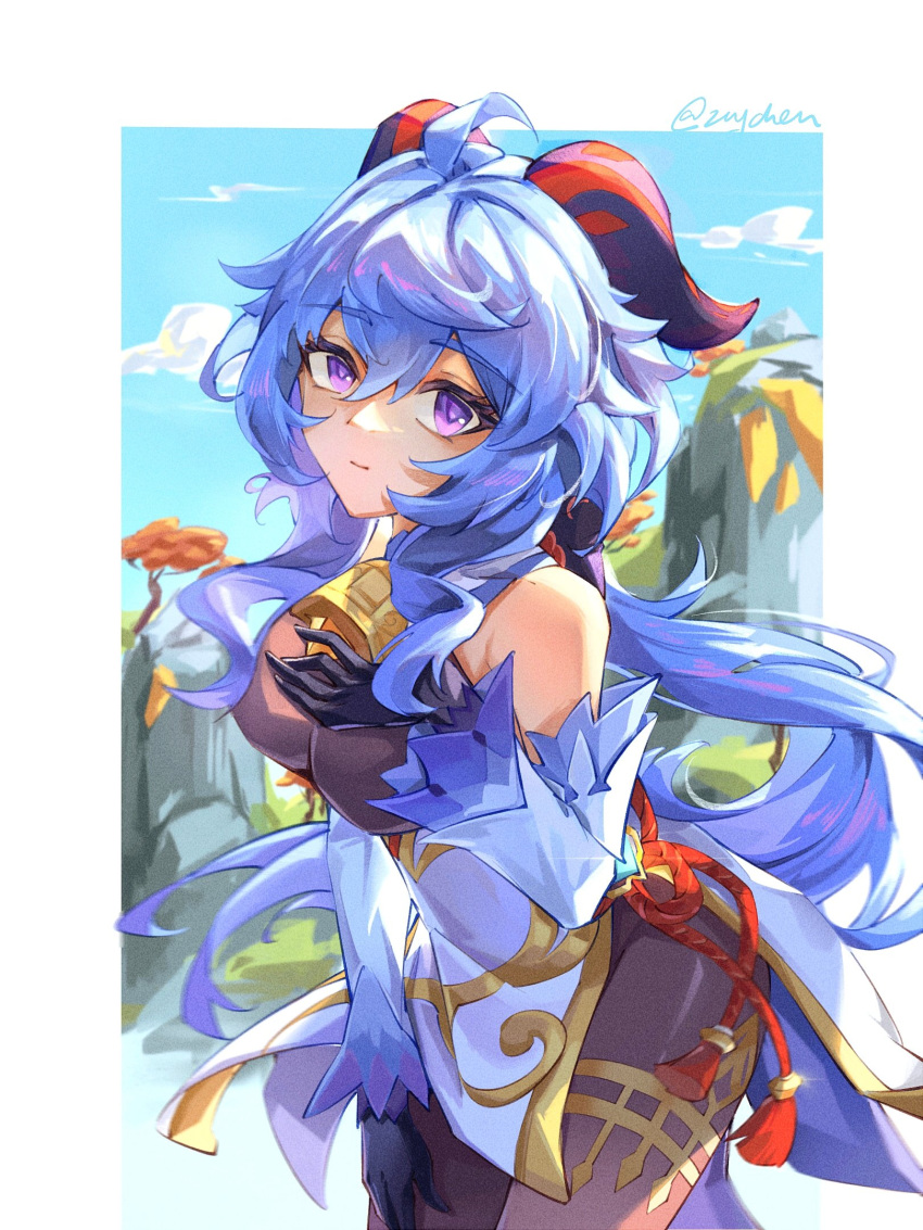 1girl ahoge bare_shoulders bell bell_collar big_breasts black_gloves blue_hair breasts chenzcy closed_mouth collar eyebrows_visible_through_hair female_only female_solo ganyu_(genshin_impact) genshin_impact gloves grey_legwear grey_pantyhose hair_between_eyes horns legwear light_blue_hair long_hair looking_at_viewer low_ponytail pantyhose ponytail purple_eyes smile standing tied_hair very_long_hair