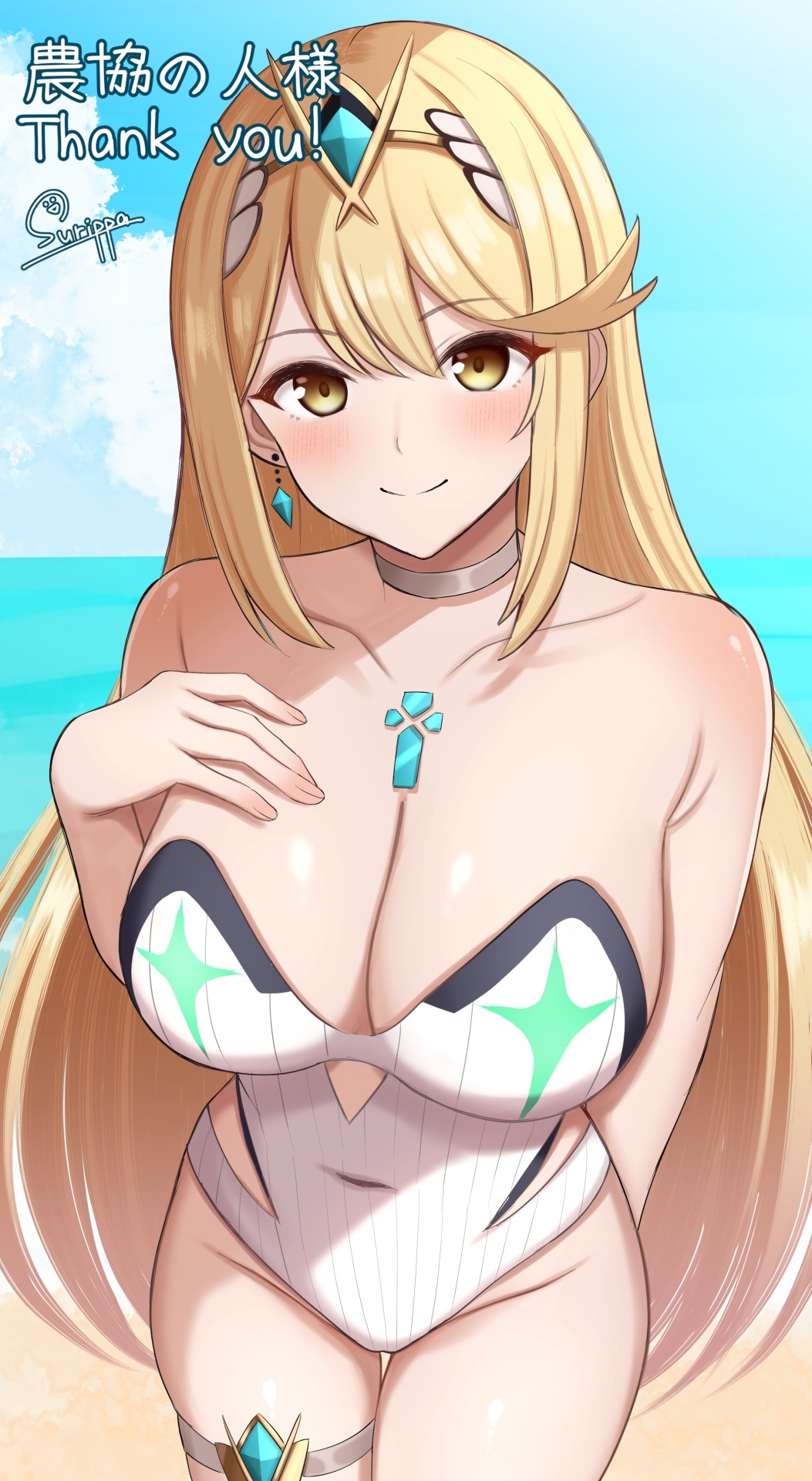 1girl alluring bare_legs beach big_breasts bikini blonde_hair cleavage core_crystal mythra nintendo ocean one-piece_bikini pin_up surippa1010 tiara xenoblade_(series) xenoblade_chronicles_2 yellow_eyes