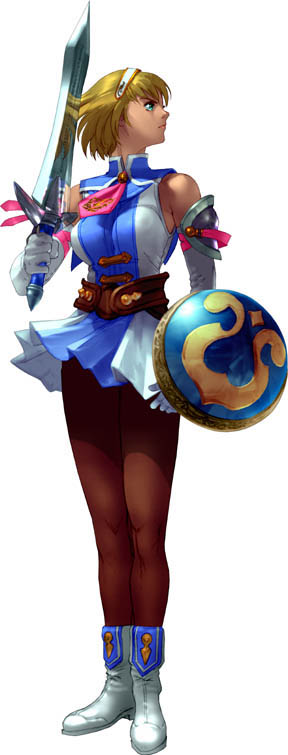 1girl amazon aqua_eyes arm_at_side bare_shoulders belt big_breasts blonde_female blonde_hair blue_dress boots breasts brown_belt brown_legwear brown_pantyhose cassandra_alexandra closed_mouth dress elbow_gloves female_only female_solo footwear full_body gloves hair_ornament hairband hand_up holding holding_shield holding_sword holding_weapon kawano_takuji legs legs_together legwear looking_to_the_side looking_up multicolored_clothes multicolored_dress namco neck pantyhose pleated_dress serious shield short_dress short_hair simple_background sleeveless sleeveless_dress soul_calibur soul_calibur_ii soulcalibur_ii standing sword thighs two-tone_dress weapon white_background white_boots white_dress white_footwear white_gloves white_hairband