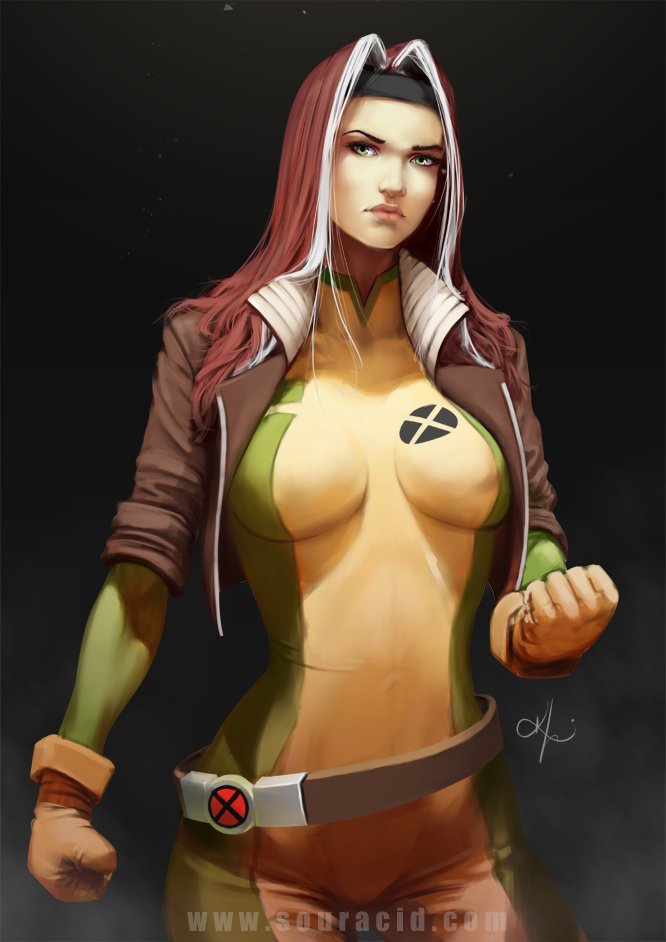 1girl anna_marie arm_at_side belt big_breasts black_background black_headband bodysuit breasts brown_belt brown_hair brown_jacket clenched_hands closed_mouth expressionless female_only female_solo gloves green_bodysuit green_eyes half-closed_eyes hand_up headband jacket lips lipstick long_hair makeup marvel marvel_comics medium_breasts multicolored_bodysuit multicolored_clothes neck open_bodysuit open_clothes pink_lipstick rogue rogue_(x-men) serious skin_tight souracid_(artist) standing straight_hair two-tone_bodysuit two-tone_hair two_tone_hair white_hair x-men yellow_bodysuit yellow_gloves