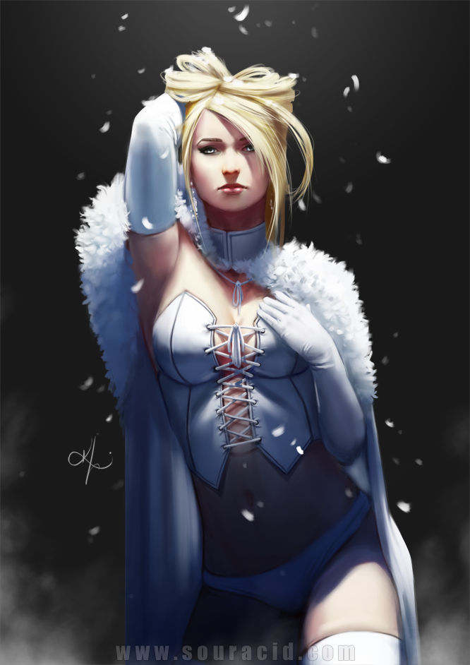 1girl arm_up armpits big_breasts black_background blonde_female blonde_hair breasts cape cleavage closed_mouth corset cross-laced_clothes elbow_gloves emma_frost expressionless female_only female_solo fur fur_trim gloves grey_eyes half-closed_eyes hand_up legwear lips lipstick looking_at_viewer makeup marvel marvel_comics midriff navel neck panties pink_lipstick revealing_clothes short_hair snowing souracid_(artist) standing stockings strapless supervillainess underwear villainess white_cape white_clothing white_corset white_gloves white_legwear white_panties white_queen white_thighhighs white_underwear x-men
