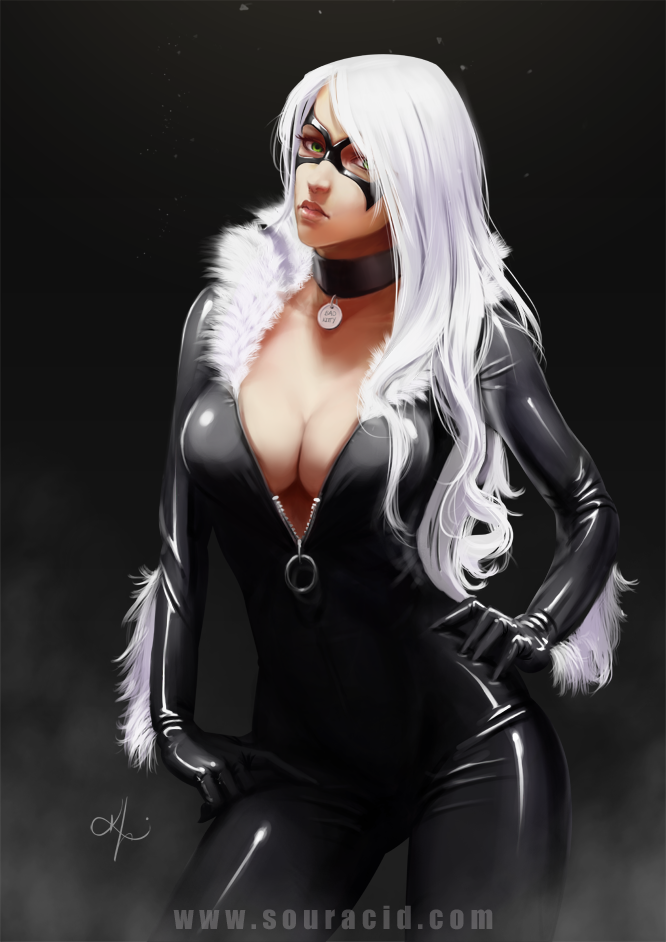 1girl bangs big_breasts black_background black_bodysuit black_cat_(marvel) black_choker black_mask bodysuit breasts choker cleavage closed_mouth collarbone domino_mask expressionless felicia_hardy female_only female_solo fur fur_trim green_eyes hand_on_hip head_tilt heroine lips long_hair looking_at_viewer marvel marvel_comics mask neck necklace open_bodysuit open_clothes souracid_(artist) spider-man_(series) straight_hair superheroine swept_bangs white_hair zipper