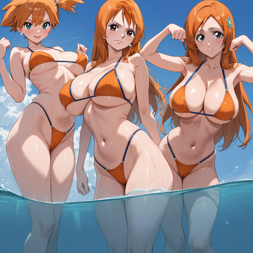 3_girls alluring bare_legs big_breasts bikini bleach brown_hair cleavage crossover in_water inoue_orihime kuitaros misty nami ocean one_piece orange_hair pin_up pokemon_(anime) teal_eyes under_boob