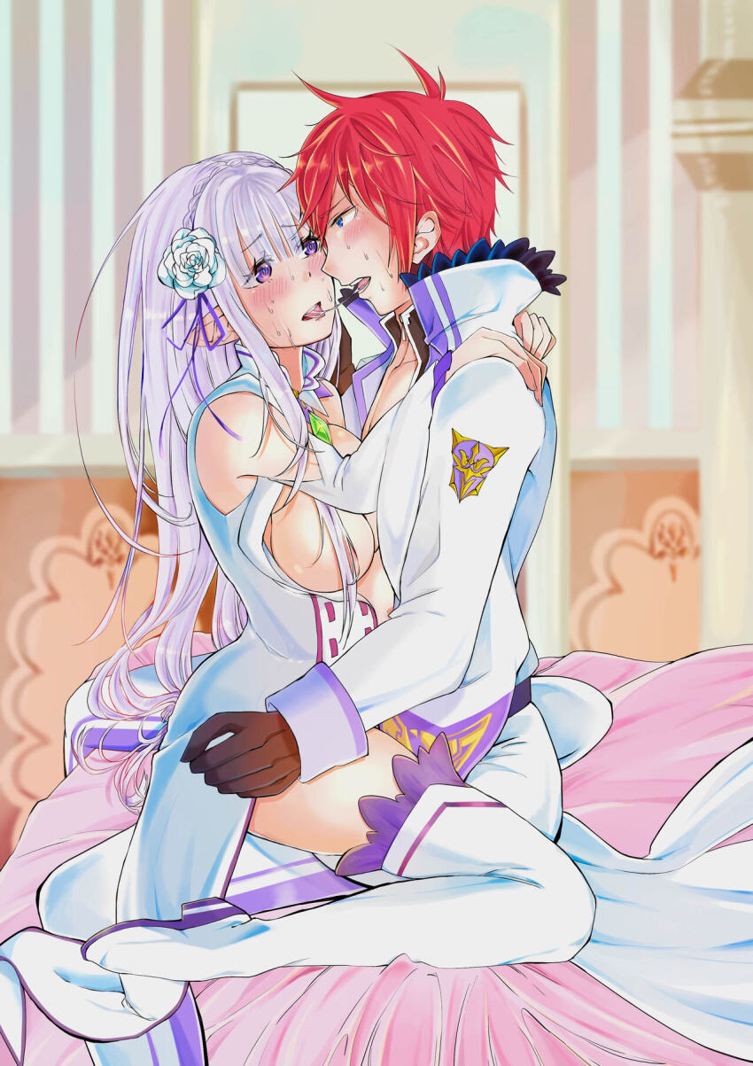 1boy 1girl 1girls after_kiss blush breasts canon_couple couple_sex duo_focus elf emilia_(re:zero) french_kiss french_kiss half-dressed kissing male on_bed re:zero_kara_hajimeru_isekai_seikatsu red_hair reinhard_van_astrea reinmilia saliva_trail sex silver_hair sitting_on_lap undressing