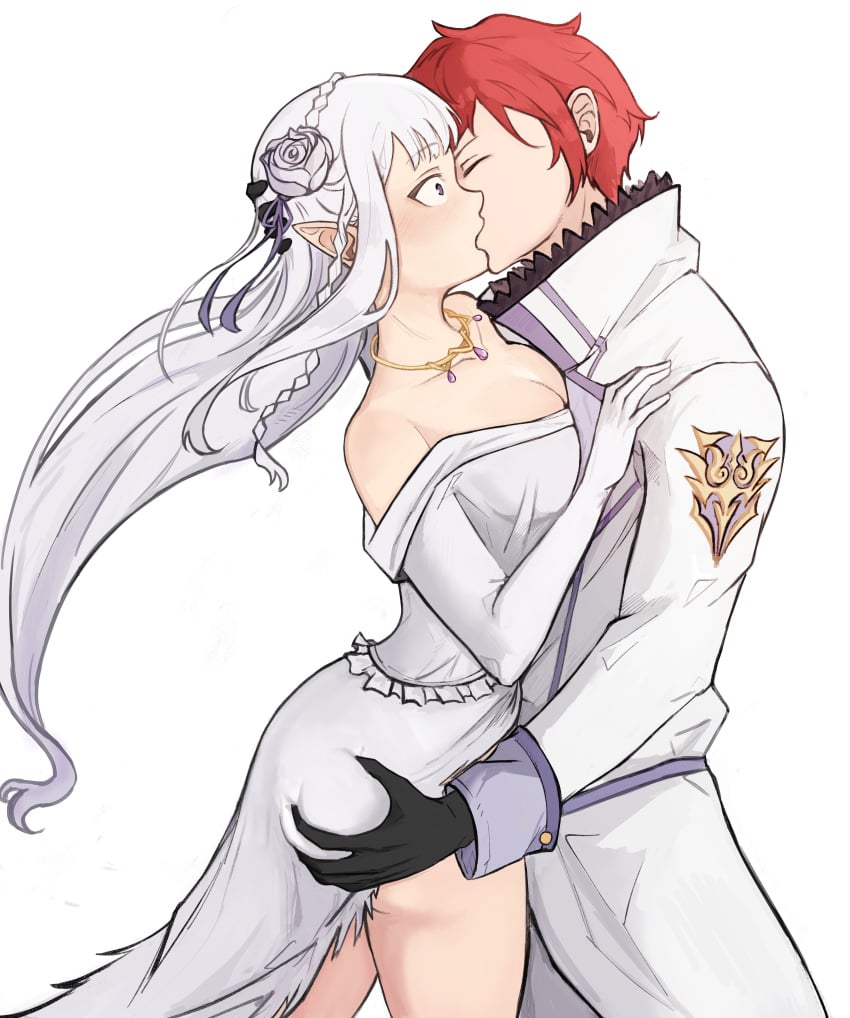 1boy 1girl 1girls ass_grab breast_press breasts breasts_pressed_against_partner canon_couple cleavage couple cuckold dominant_male duo duo_focus elf elf_ears elf_female elf_girl emilia_(re:zero) flower_in_hair flower_ornament french_kiss groping_ass hair_ornament half-elf holding_head kissing light-skinned_female light_skin long_hair male married_couple medium_breasts pointy_ears princess purple_eyes re:zero_kara_hajimeru_isekai_seikatsu red_hair reinhard_van_astrea reinmilia ripped_clothing silver_hair standing submissive_female thighs togaravity very_long_hair wedding_dress white_background