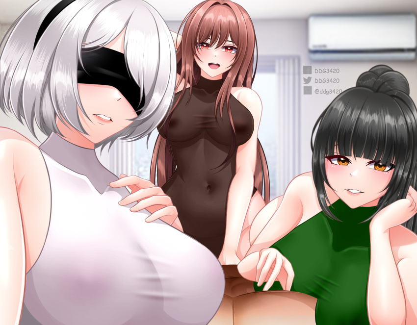 1boy 2b_(nier:automata) 3_girls big_breasts bodysuit breasts clip_studio_paint_(medium) clothed_female_nude_male crossover d.d.g_(ddg3420) eve_(stellar_blade) goddess_of_victory:_nikke hetero high_res light_smile long_hair looking_at_viewer multiple_girls nier:automata nier_(series) nude pov rapi_(nikke) self-upload short_hair stellar_blade trait_connection