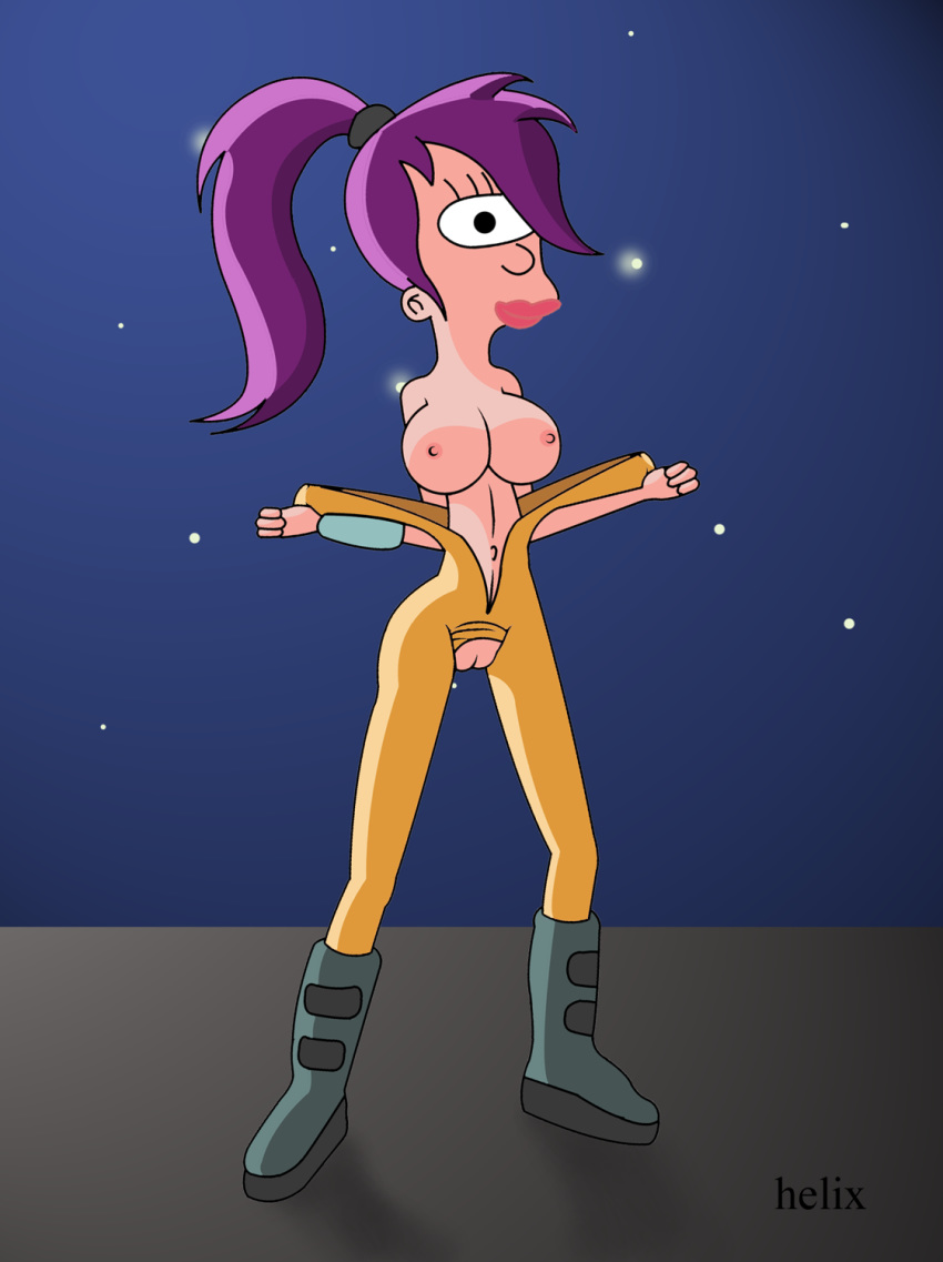 1girl 1girl 2012 alien alien_girl boots breasts female_only futurama helix lipstick looking_at_viewer navel nipples purple_hair pussy tagme turanga_leela