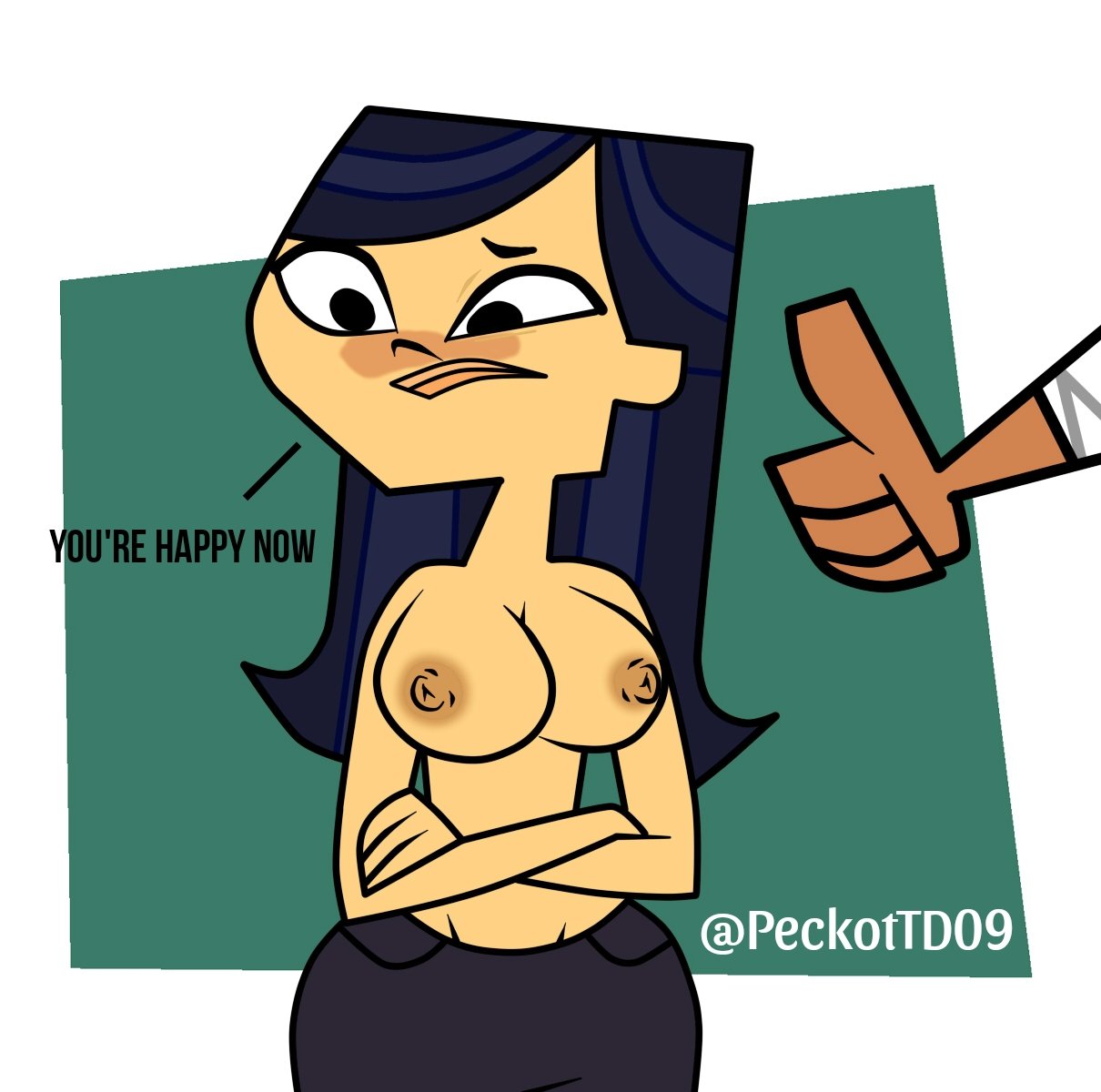 1girl 1girl breasts cartoon_network dialogue emma_(tdi) male navel nipples partial_male peckottd09 teletoon topless total_drama_island