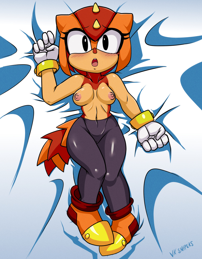 1girl 2023 absurd_res anthro black_eyes blush blush_lines bracelets breasts cameltoe clothed dakimakura dakimakura_design girdled_lizard gloves high_res laying_down lizard multicolored_tail nervous nipples open_mouth pink_nipples reptile scalie sega skin_tight_pants sonic_the_hedgehog_(series) spikes_(anatomy) sungazer_lizard tail topless trip_the_sungazer vksnipers