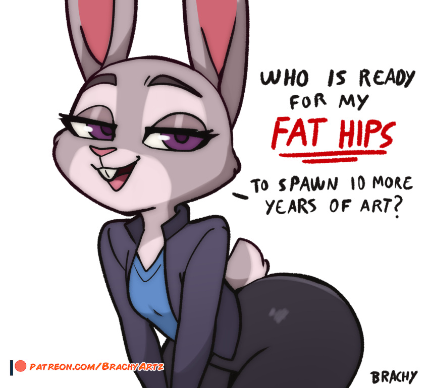 1girl 2025 anthro artist_name ass big_ass brachyzoid breasts dialogue digital_media_(artwork) disney english_text european_rabbit female half-closed_eyes high_res judy_hopps lagomorph leporid looking_at_viewer mammal narrowed_eyes open_mouth oryctolagus patreon pear-shaped_figure purple_eyes rabbit scut_tail short_tail small_breasts solo tail talking_to_viewer text thick_thighs url wide_hips zootopia zootopia_2