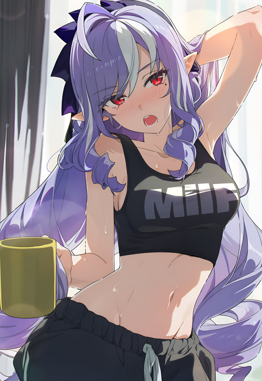 1girl ai_generated armpits blush breasts female_only hare_zzv light-skinned_female light_skin mihoyo navel open_mouth purple_hair red_eyes sweat sweatdrop sweating tank_top tummy vivian_(zenless_zone_zero) zenless_zone_zero