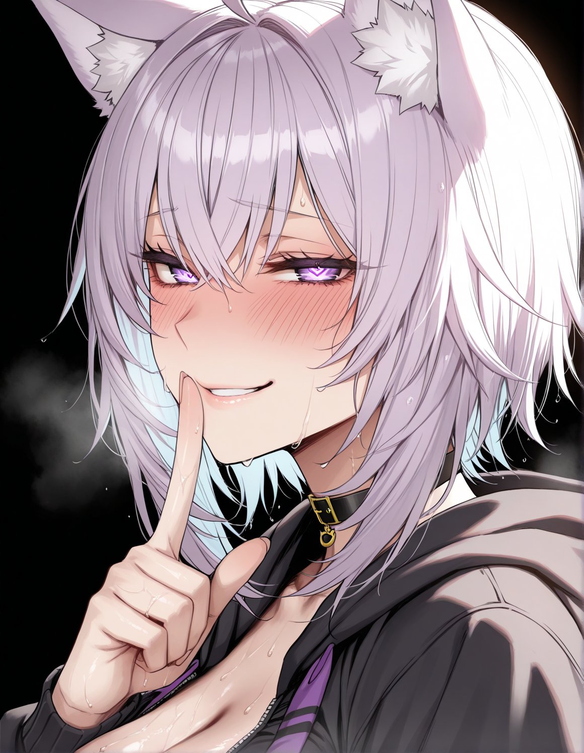 1girl ai_generated asmr big_breasts blush breasts cat cat_ears cat_girl dark_background finger_in_mouth grin heart heart-shaped_pupils hololive hololive_gamers hololive_japan looking_at_viewer nekomata_okayu purple_eyes purple_hair smile stable_diffusion steam steamy_breath sweat sweatdrop underdog454545 virtual_youtuber vtuber
