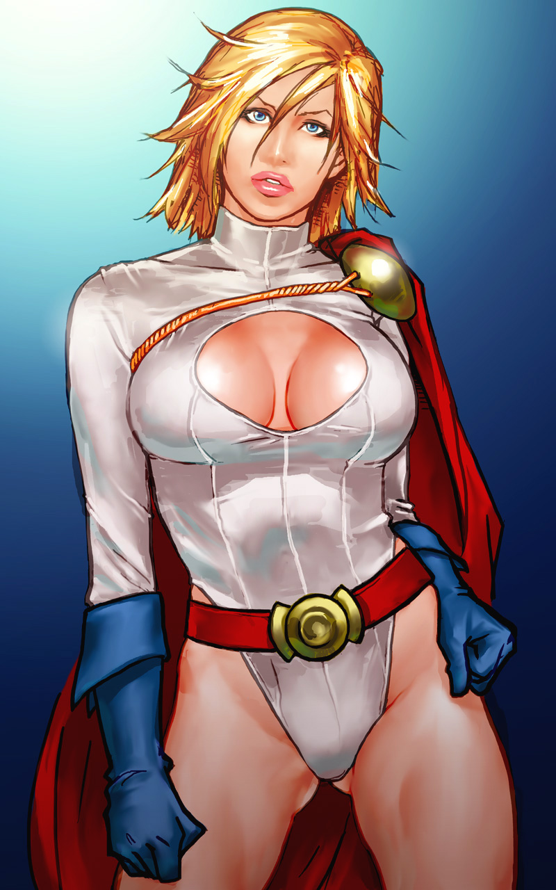 1girl alien_girl aqua_background bare_legs belt big_breasts black_belt blonde_female blonde_hair blue_background blue_eyes blue_gloves breasts cape cleavage cleavage_cutout clenched_hands clothing_cutout dc_comics dcau female_only female_solo gloves gradient gradient_background hand_on_hip head_tilt highleg highleg_leotard justice_league justice_league_unlimited kryptonian legs leotard lips lipstick looking_at_viewer makeup mound_of_venus neck parted_lips pink_lipstick power_girl red_cape serious spread_legs standing superman_(series) take_(draghignazzo) thick_thighs thighs turtleneck turtleneck_leotard white_leotard