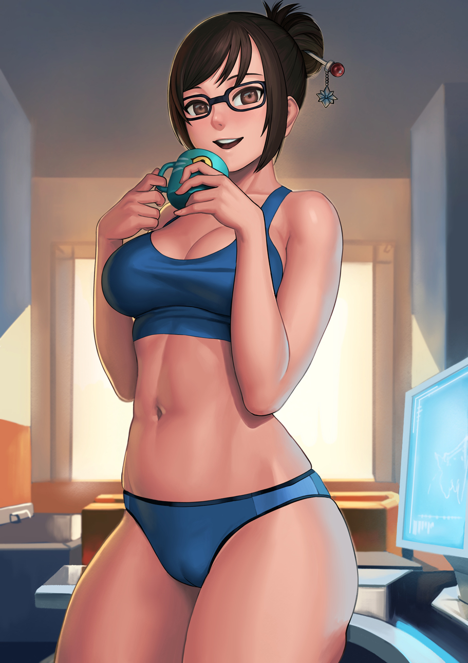 1girl alternate_costume bare_arms bare_legs bare_shoulders big_breasts black-framed_eyewear black_hair blizzard_entertainment blue_bra blue_lingerie blue_panties blue_underwear bra breasts brown_eyes cameltoe cleavage collarbone computer computer_monitor cup dark_brown_hair female_only female_solo glasses hair_bun hair_ornament hair_stick hands_up happy holding holding_cup holding_object indoors lasterk legs legs_together lingerie looking_at_viewer medium_breasts mei_(overwatch) midriff navel neck open_mouth overwatch panties round_teeth short_hair smile standing sunset teacup teeth thick_thighs thighs tied_hair underwear upper_teeth upper_teeth_only window