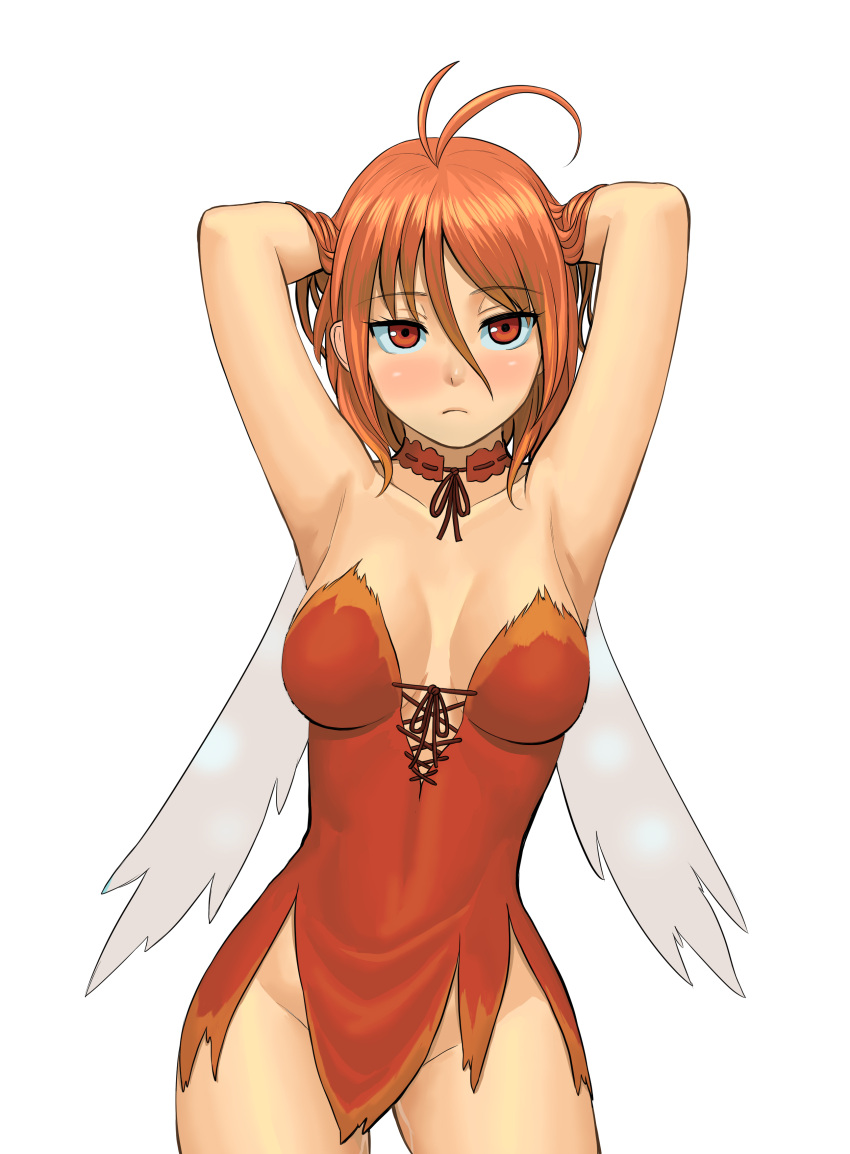 1girl amagi_brilliant_park armpits arms_up bare_arms bare_legs bare_shoulders blush breasts breasts_apart choker closed_mouth collarbone covered_navel dress expressionless eyebrows_visible_through_hair female_only female_solo hair_between_eyes lasterk looking_at_viewer medium_breasts mound_of_venus neck no_panties orange_hair red_choker red_dress red_eyes salama_(amaburi) short_dress short_hair simple_background small_breasts standing straight_hair strapless strapless_dress thighs white_background wings