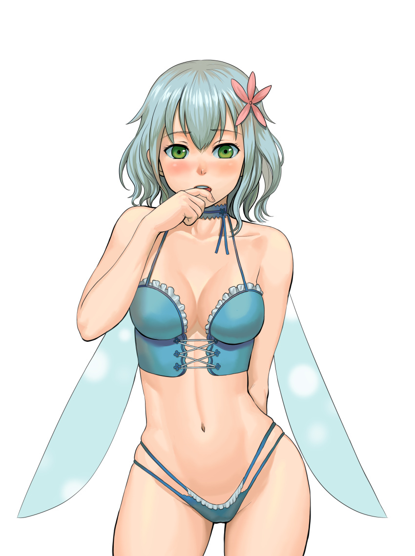 1girl amagi_brilliant_park bare_arms bare_legs bare_shoulders blue_choker blue_clothing blush breasts choker cleavage collarbone eyebrows_visible_through_hair female_only female_solo green_eyes grey_hair hair_between_eyes lasterk looking_at_viewer midriff muse_(amaburi) navel neck nervous open_mouth revealing_clothes round_teeth short_hair shy simple_background small_breasts standing teeth thighs upper_teeth upper_teeth_only wavy_hair white_background wings
