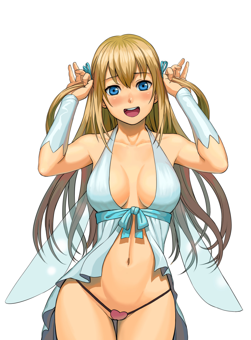 1girl amagi_brilliant_park bare_legs blonde_female blonde_hair blue_eyes blush breasts breasts_apart collarbone eyebrows_visible_through_hair female_only female_solo hair_between_eyes hair_grab hands_up happy head_tilt lasterk legs long_hair looking_at_viewer medium_breasts midriff navel neck open_mouth revealing_clothes round_teeth simple_background smile standing straight_hair sylphy_(amaburi) teeth thighs tied_hair two_side_up upper_teeth upper_teeth_only very_long_hair white_background wings