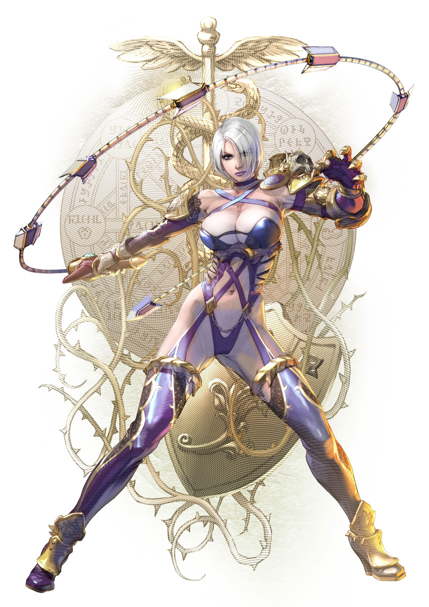 1girl angry armor bare_shoulders big_breasts blue_eyes breasts chains choker cleavage closed_mouth covered_navel elbow_gloves eyebrows_visible_through_hair eyes_visible_through_hair female_only female_solo fighting_stance footwear full_body gauntlets gloves gold_footwear gold_high_heels grey_hair hair_over_one_eye hand_up high_heels holding holding_sword holding_weapon isabella_valentine ivy_valentine jewelry kawano_takuji legs lips lipstick looking_at_viewer makeup namco navel neck outstretched_arm pose posing purple_choker purple_clothing purple_gloves purple_lipstick revealing_clothes serious short_hair shoulder_armor silver_hair single_gauntlet single_glove skull soul_calibur soul_calibur_vi soulcalibur_vi spread_legs standing sword thighlet thighs weapon whip_sword white_background yellow_footwear yellow_high_heels