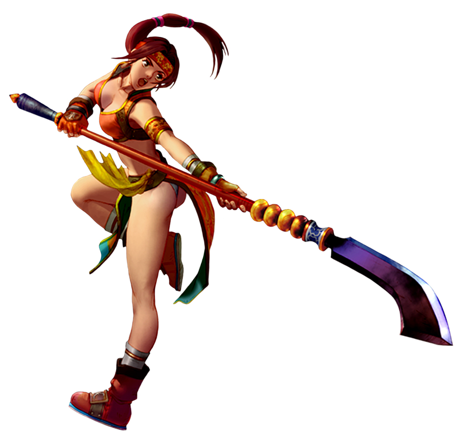 1girl angry ass bangs bare_legs bare_shoulders big_breasts black_eyes boots breasts brown_eyes brown_hair cleavage collarbone female_only female_solo fingerless_gloves floating_hair footwear full_body gloves headband holding holding_weapon kawano_takuji legs lips long_hair looking_to_the_side midriff namco neck open_mouth orange_clothing orange_gloves parted_bangs ponytail red_boots red_footwear red_headband revealing_clothes round_teeth seong_mi-na simple_background soul_calibur soul_calibur_ii soulcalibur_ii standing standing_on_one_leg teeth tied_hair upper_teeth upper_teeth_only weapon white_background
