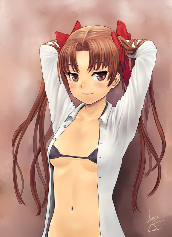 1girl arms_behind_head arms_up bangs black_bra blush bra breasts brown_eyes brown_hair closed_mouth collared_shirt female_only female_solo hair_ornament hair_ribbon lasterk long_hair looking_at_viewer navel neck open_clothes open_shirt parted_bangs red_ribbon shirai_kuroko shirt small_breasts smile tied_hair to_aru_kagaku_no_railgun to_aru_majutsu_no_index twin_tails white_shirt