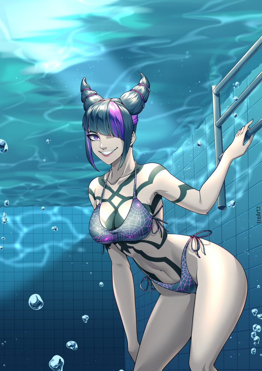1girl ass black_hair breasts capcom female grin hair_over_one_eye high_res juri_han large_ass large_thighs one_eye_obstructed smile solo solo_female street_fighter street_fighter_6 swimsuit swimwear tattoo thighs thotlerrr treartz underwater