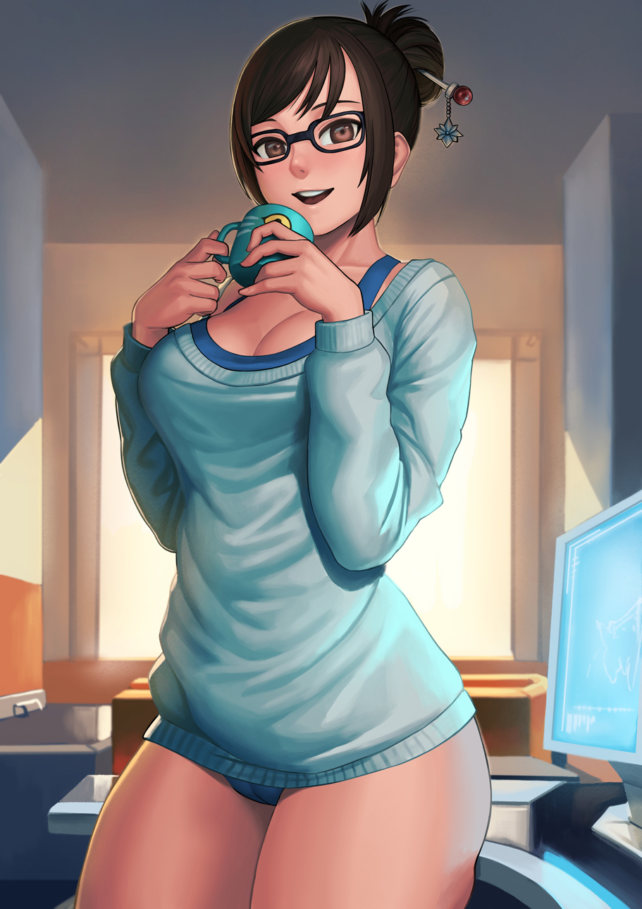 1girl bare_legs big_breasts black-framed_eyewear black_hair blizzard_entertainment breasts brown_eyes cameltoe cleavage collarbone computer computer_monitor cup dark_brown_hair female_only female_solo glasses hair_bun hair_ornament hair_stick hands_up happy holding holding_cup holding_object indoors lasterk legs legs_together long_sleeves looking_at_viewer medium_breasts mei_(overwatch) neck open_mouth overwatch round_teeth short_hair smile standing sunset teacup teeth thick_thighs thighs tied_hair upper_teeth upper_teeth_only window