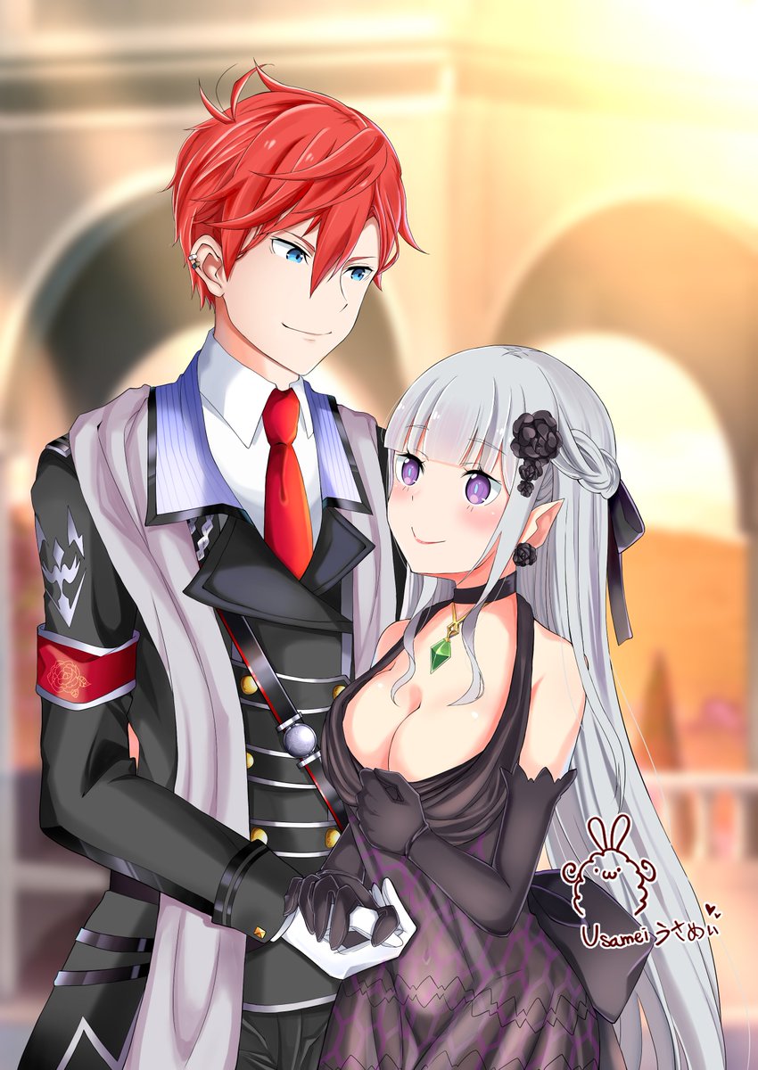 1girl breasts canon_couple elf elf_ears elf_female elf_girl emilia_(re:zero) flower_in_hair flower_ornament hair_ornament half-elf light-skinned_female light_skin long_hair male medium_breasts pointy_ears princess purple_eyes re:zero_kara_hajimeru_isekai_seikatsu reinhard_van_astrea reinmilia royalty silver_hair