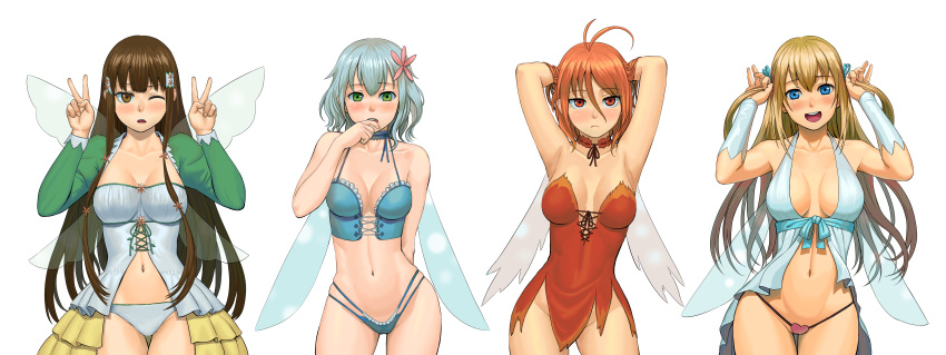 4girls amagi_brilliant_park arm_behind_back armpits arms_behind_head arms_up bare_arms bare_legs bare_shoulders blonde_female blonde_hair blue_choker blue_clothing blue_eyes blush breasts breasts_apart brown_eyes brown_hair choker cleavage closed_mouth collarbone covered_navel double_v dress expressionless eyebrows_visible_through_hair female_only green_eyes grey_hair hair_between_eyes hair_grab hand_up hands_up happy head_tilt koborii_(amaburi) lasterk legs lineup long_hair long_sleeves looking_at_viewer medium_breasts midriff mound_of_venus multiple_girls muse_(amaburi) navel neck nervous no_panties one_eye_closed open_mouth orange_hair red_choker red_dress red_eyes revealing_clothes round_teeth salama_(amaburi) short_dress short_hair shy simple_background small_breasts smile standing straight_hair strapless strapless_dress sylphy_(amaburi) teeth thighs tied_hair two_side_up upper_teeth upper_teeth_only v very_long_hair wavy_hair white_background wince wings
