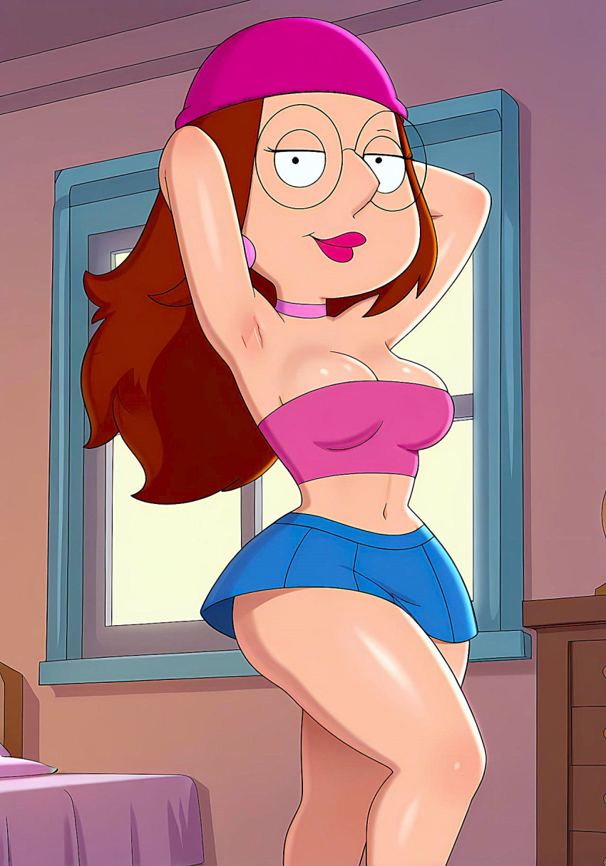 breasts crop_top family_guy glasses hat meg_griffin miniskirt thighs