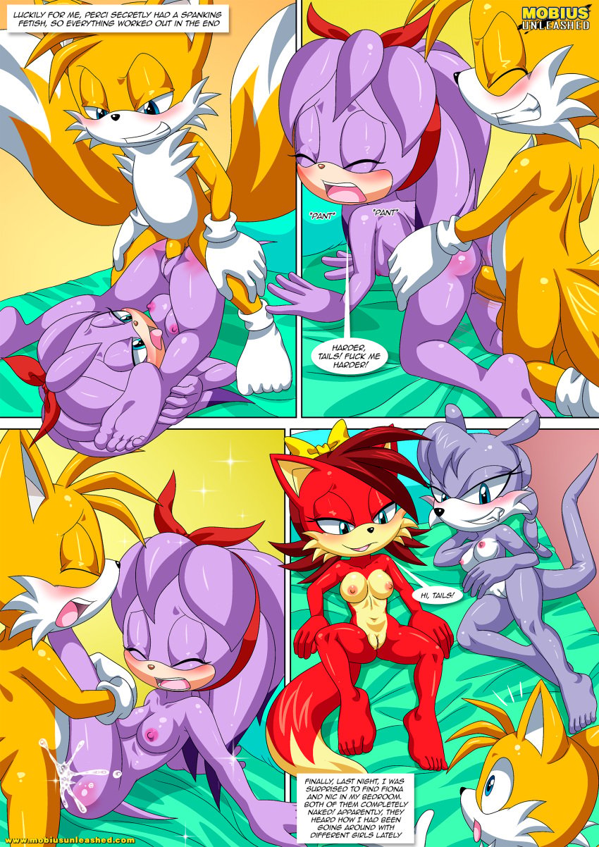 1boy 3girls anthro ass balls barefoot bbmbbf blush breasts comic cum cum_in_pussy cum_inside feet fiona_fox furry male male/female miles_tails_prower mobian_(species) mobius_unleashed nicolette_the_weasel nipples nude palcomix penis perci_the_bandicoot pussy sega sex sonic's_guide_to_spanking_2_(comic) sonic_the_hedgehog_(series) tails tails_the_fox vaginal_penetration vaginal_sex